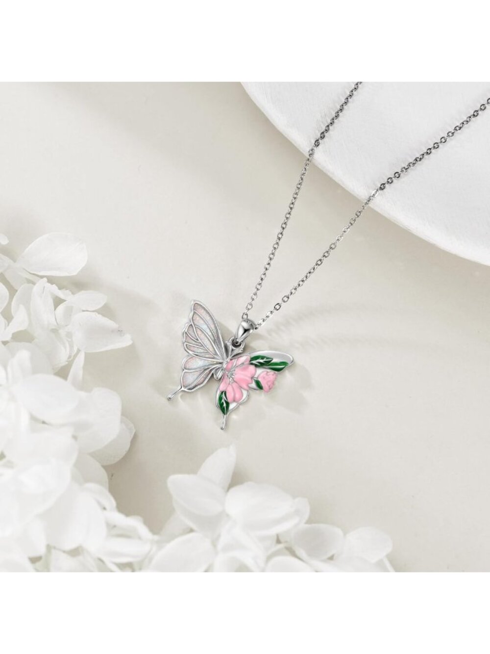Elegant Butterfly & Dragonfly Necklace - 925 Sterling Silver, Opal & Moss Agate - Picture 3 of 7